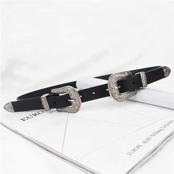 KorhLeoh Double-Buckle Cowgirl, Western-Style Vintage Buckle Leather Waist Belt main image 4
